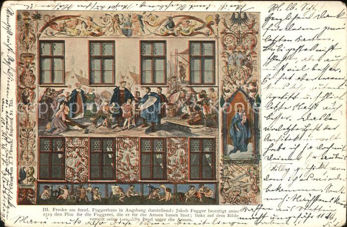 Augsburg Freske Fuggerhaus Jakob Fugger Litho