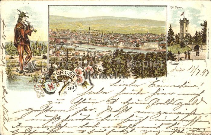 Hameln Weser Kluetturm Rattenfaenger Litho