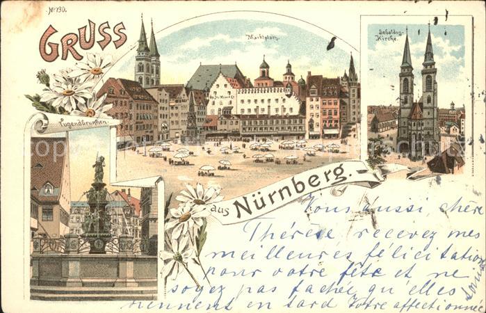 NueRNBERG  CITY Marktplatz Tugendbrunnen Sebalduskirche Litho