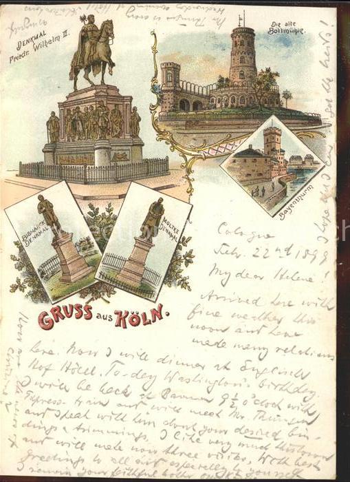 Koeln Rhein Bottmuehle Denkmal Friedrich Wilhelm II. Bayenturm Litho