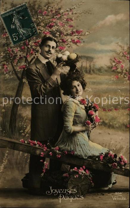 Ostern Easter Paques Paar Blumen Veloute-Verlag Nr. 954