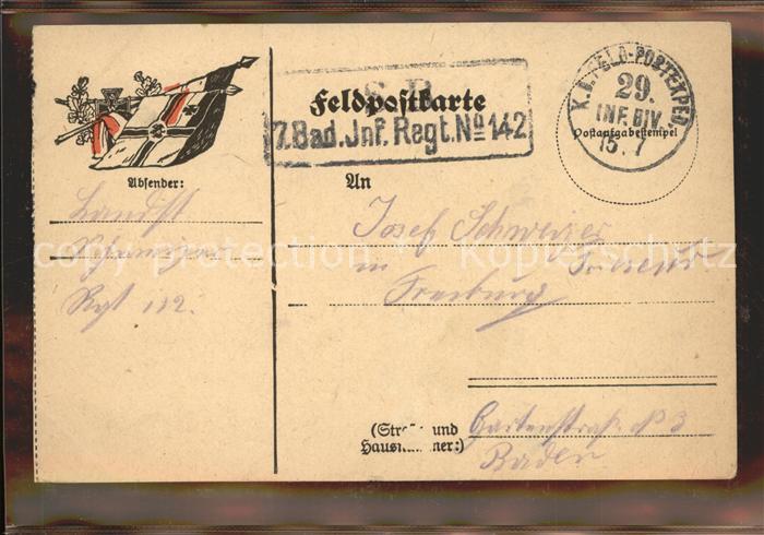Feldpost-Stempel WK1 29. Inf.Div. 7. Bad. Inf. Regt. No. 142