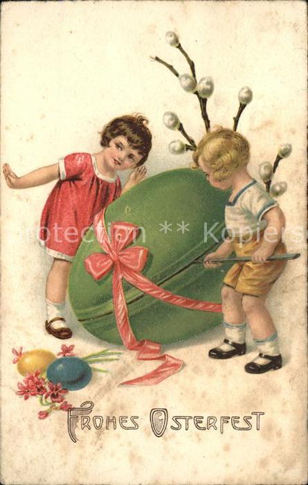 Ostern Easter Paques Kinder Weidenkätzchen Osterei  Schleife