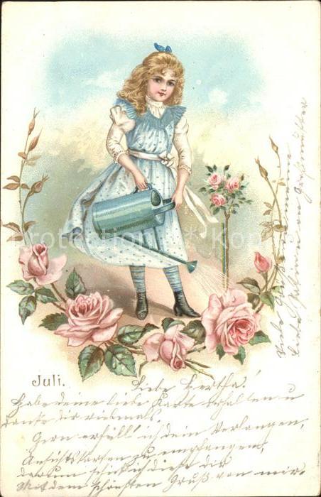 Monatskarte Juli Mädchen Rosen Gießkanne