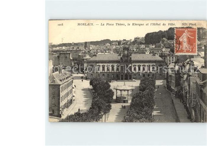 Morlaix Place Thiers Kiosque Hotel de Ville Stempel auf AK