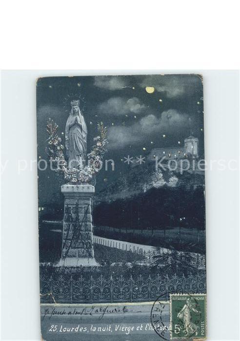 Lourdes Hautes Pyrenees Vierge et Chateau la nuit clair de lune