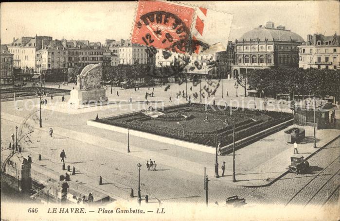 Le Havre Place Gambetta Monument Stempel auf AK