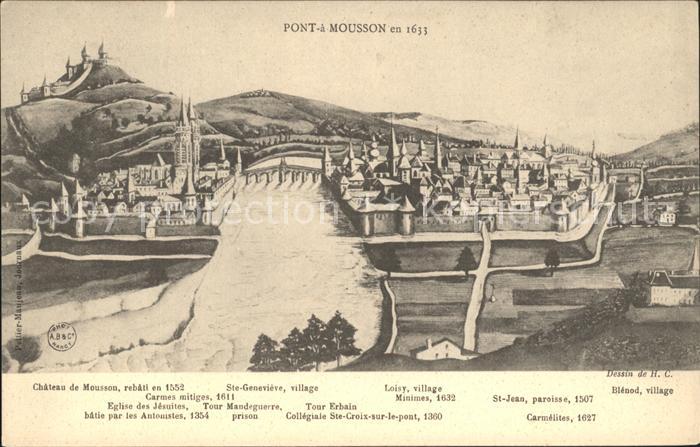 Pont-a-Mousson Vue du village en 1633 Dessin de H. C.