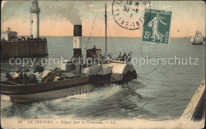 Le Treport Depart pour la Promenade Vapeur Raddampfer Stempel auf AK