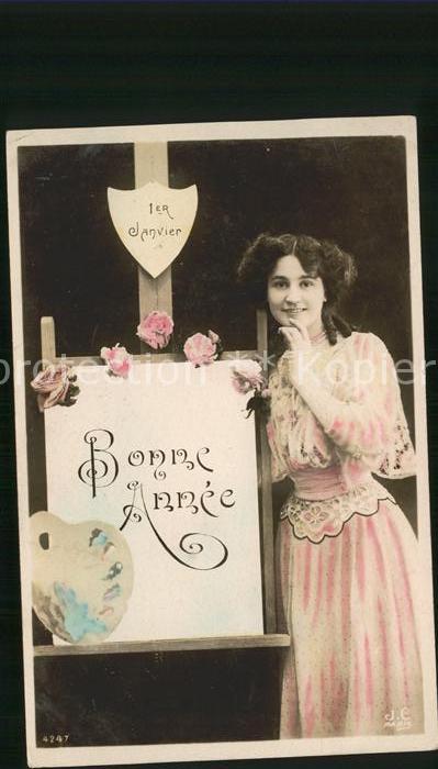 Datumskarte 1er Janvier Bonne Anne Frau Staffelei Farbpalette Rosen