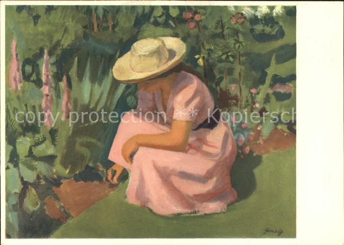 Kuenstlerkarte M. Ginsig Frau im Garten Pro Infirmis