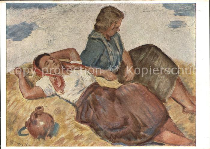 Kuenstlerkarte Ludwig Angerer Mittagsrast in der Ernte