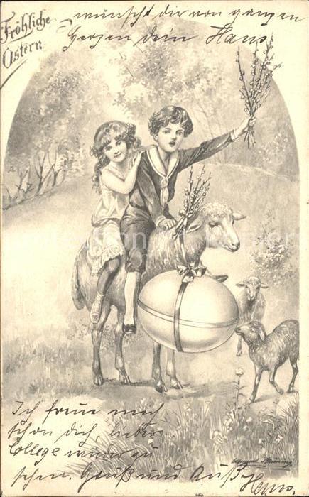 Schafe Kinder Osterei Weidenkätzchen Ostern