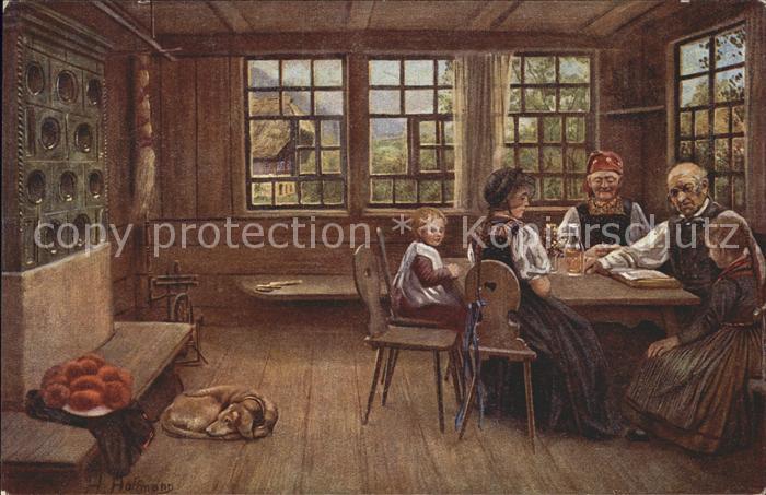 Hoffmann Heinrich Sonntagsfrieden Nr. 249 Hund Spinnrad Tracht Ofen