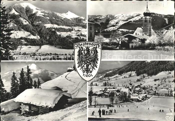 Westendorf Tirol Panorama Ortsblick Kirche Blockhuette Eisbahn