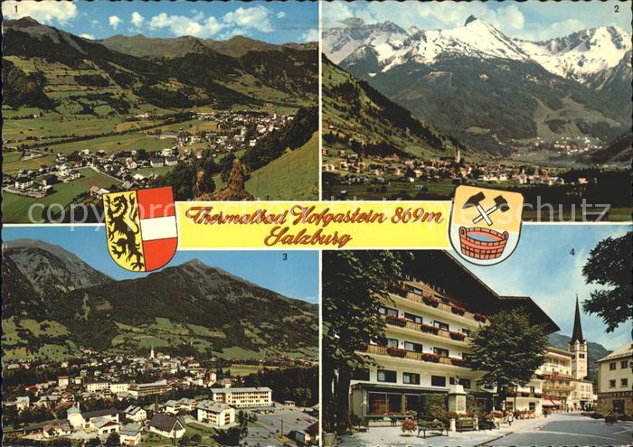 Hofgastein Gesamtansicht mit Alpenpanorama Thermalbad Strassenpartie Wappen
