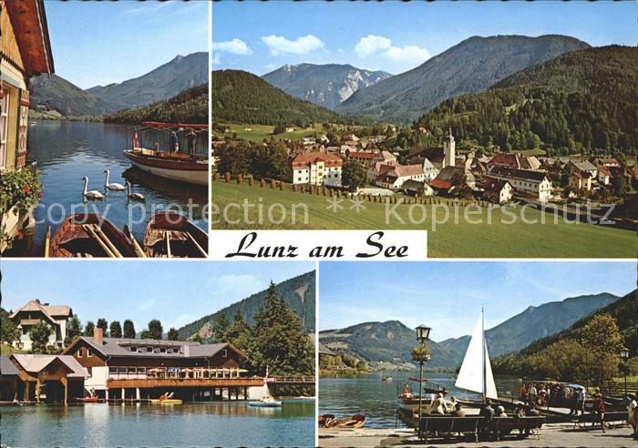 Lunz See Niederoesterreich Gesamtansicht mit Alpenpanorama Schwan Bootshaus Steg