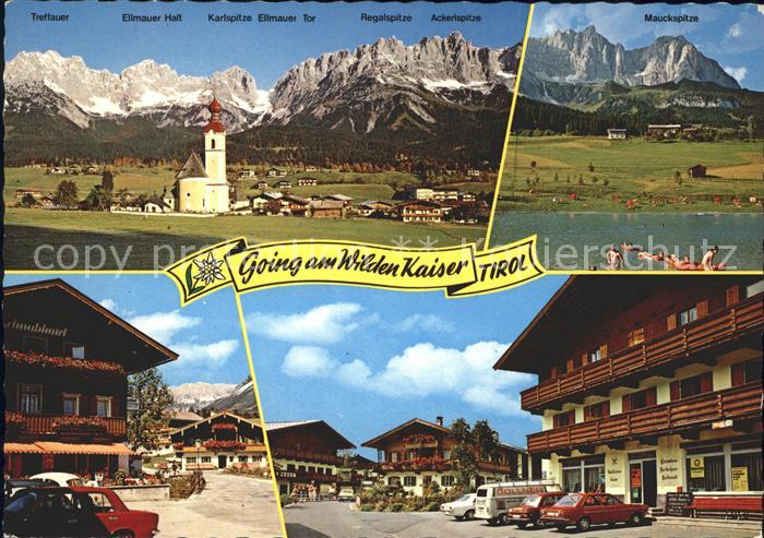 Going Wilden Kaiser Tirol Gesamtansicht mit Kaisergebirge See Dorfstrasse
