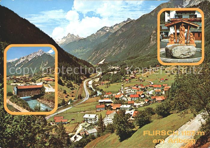 Flirsch Gesamtansicht mit Alpenpanorama Brunnen Bruecke