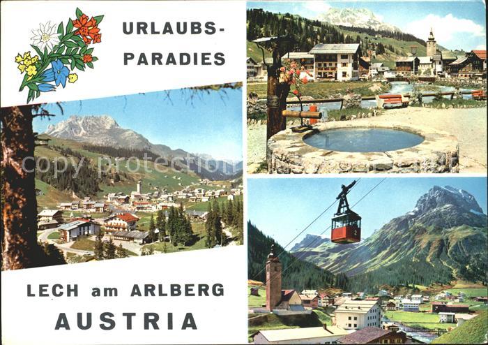 Lech Vorarlberg Gesamtansicht mit Alpenpanorama Brunnen Bergbahn Blumen