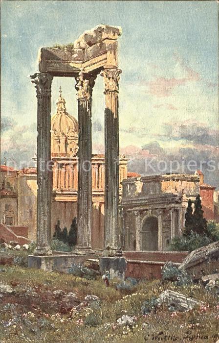 Rom Roma Ruinen des Vespasian - Tempels zwischen den Saeulen die Kuppel von S. S