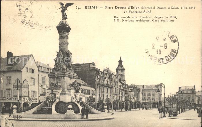 Reims Champagne Ardenne Place Drouet d Erlon et Fontaine Sube Stempel auf AK