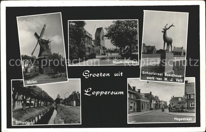 Loppersum Molen Raadhuisstraat Schoolstraat Beeldhouwwerk van WJ Valk Schipsloot