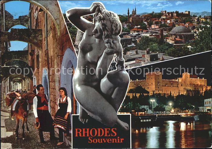 Rhodos Rhodes aegaeis Altstadt Trachten Statue Ritterpalast bei Nacht