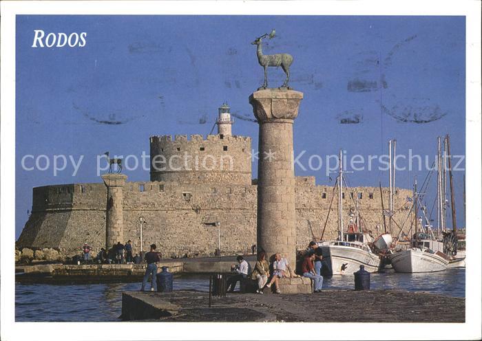 Rhodos Rhodes aegaeis Hafeneinfahrt Festung Statue Elafos