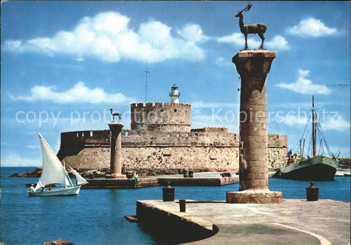 Rhodos Rhodes aegaeis Hafeneinfahrt Festung Statue Elafos Elafina Segelboot
