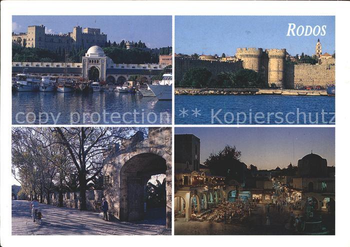 Rhodos Rhodes aegaeis Ritterpalast Hafen Torbogen Strassenpartie bei Nacht