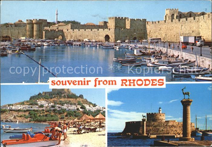 Rhodes Rhodos Greece Hafeneinfahrt Festung Statue Elafos Elafina Strand