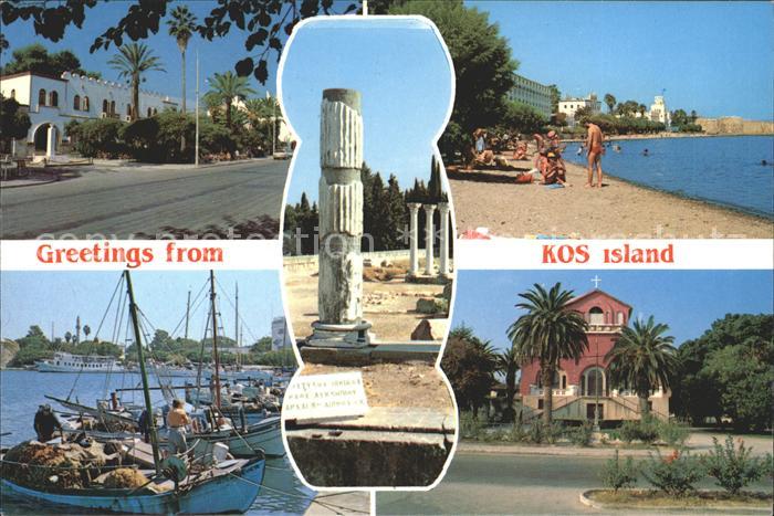 Kos Cos Teilansicht Tempel Ruine Antike Kirche Hafen Fischkutter