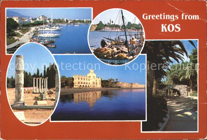 Kos Cos Teilansichten Tempel Ruine Antike Hafen Fischkutter