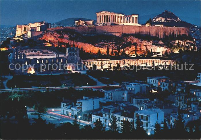 Athenes Athen Beleuchtete Akropolis bei Nacht Tempel Ruine Antike