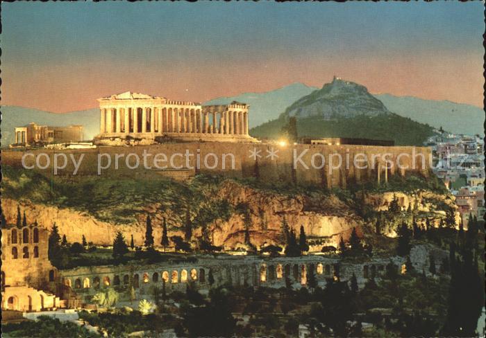 Athenes Athen Beleuchtete Akropolis im Hintergrund Lykabettus