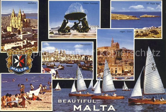 Malta Mellieha Triton Fountain St. Pauls Bay Mgarr Gozo  Segelboot