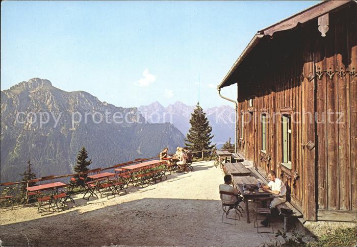Tegelberghaus Terrasse mit Saeuling Gernspitze Koellerspitze Schlicke