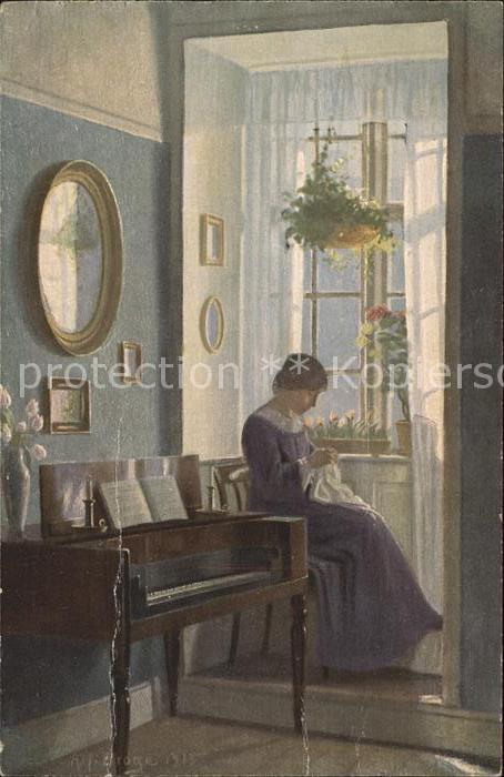 Kuenstlerkarte Alfred Broge Im Erker Handarbeit naehen Klavier Daenische Kunst