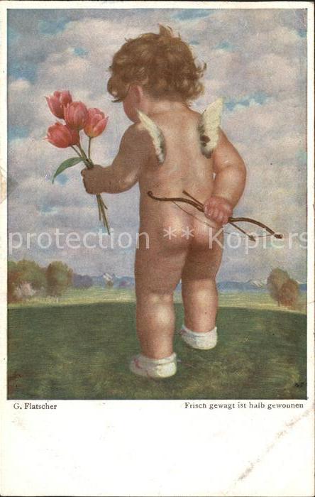 Kuenstlerkarte G. Flatscher Engel Tulpen Pfeil und Bogen Palette-Karte Nr. 100