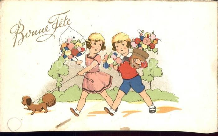 Kinder Child Enfants Hund Blumen Bonne Fete