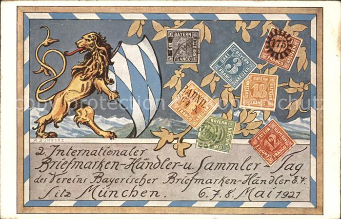 Briefmarken auf Postkarte Bayern Loewe Briefmarken-Haendler-und-Sammler-Tag