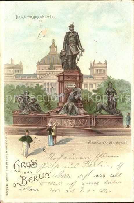 Bismarckdenkmal Berlin Reichstagsgebaeude Litho W. Hagelberg