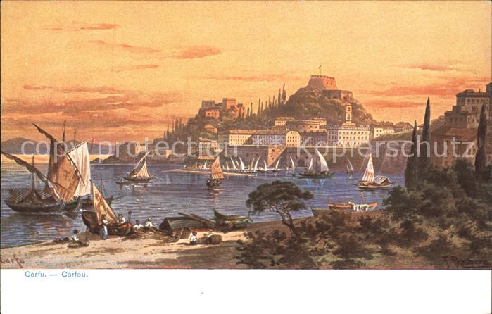 Corfu Korfu Hafen Kueste Segelboot Kuenstlerkarte Serie 757 Mittelmeer No. 17