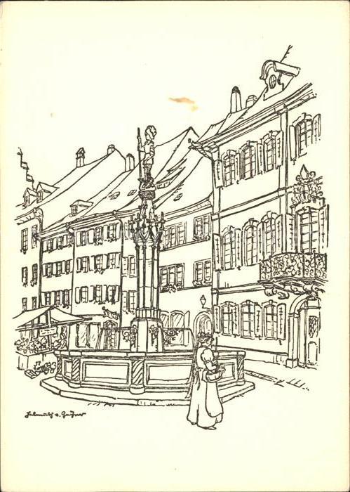 Freiburg Breisgau Gotischer Brunnen Original-Zeichnung von H.v. Geyer