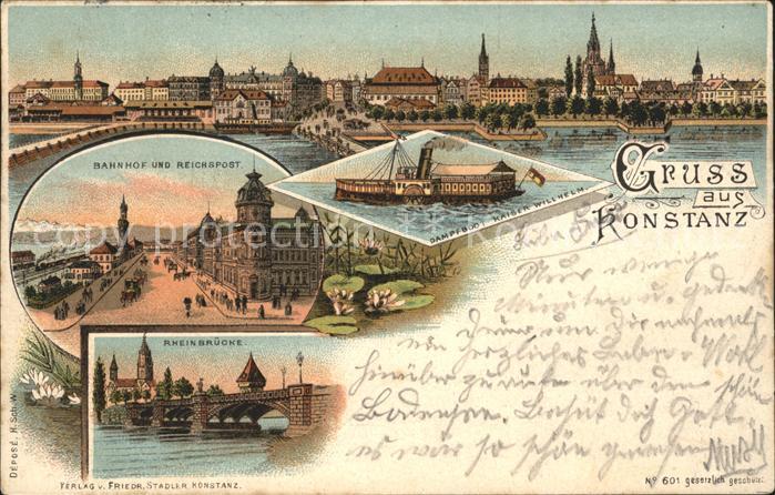 Konstanz Bodensee Panorama Bahnhof und Reichspost Dampfer Kaiser Wilhelm Rheinbr