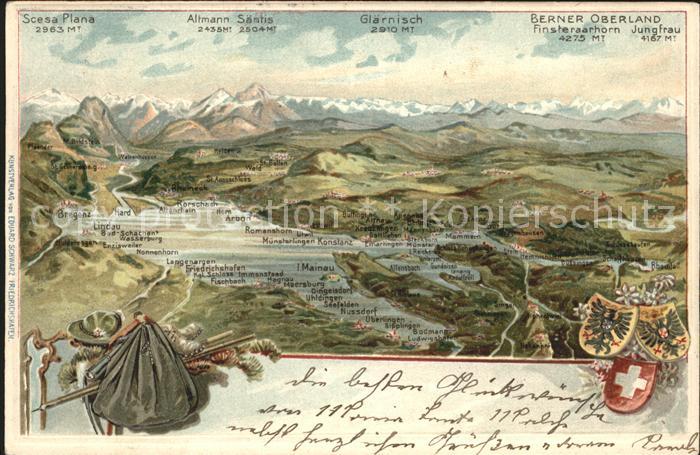 Insel Mainau Bodensee Panoramakarte mit Schweizer Alpen