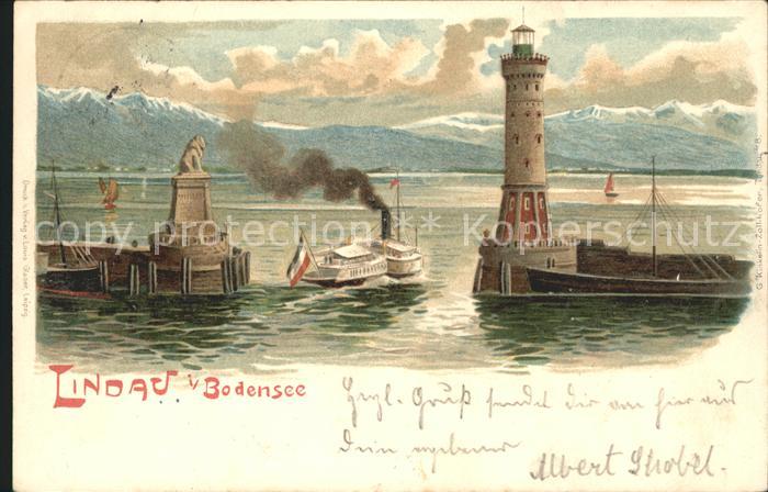 Lindau Bodensee Hafeneinfahrt mit Leuchtturm und Dampfschiff