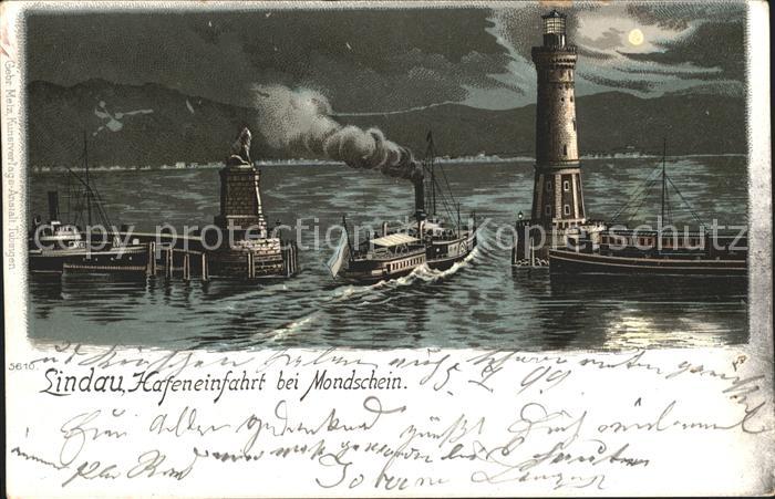 Lindau Bodensee Hafeneinfahrt Dampfschiff Leuchtturm Nachtaufnahme