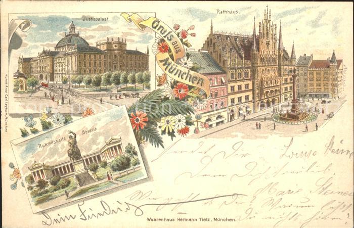 Muenchen Bayern Rathaus Justizpalast Ruhmeshalle Bavaria Litho